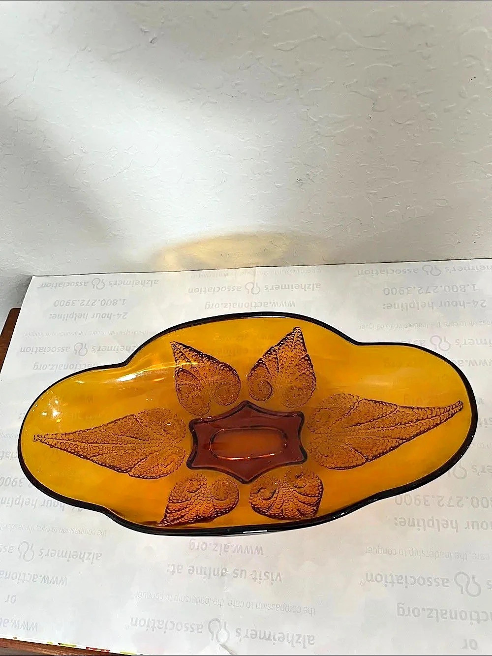 Indiana Glass Amber Stippled Leaf Candy/Nut Dish
